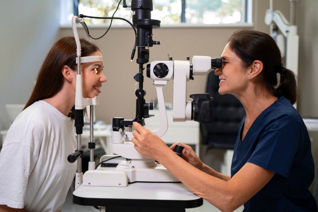 medium shot woman getting her eyes checked