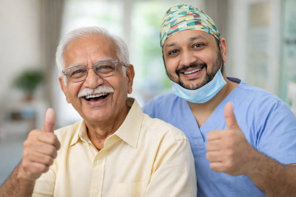 An older adult patient and a dr jignesh gala smiling and giving a thumbs-up gesture inside a clinic setting after successful cataract surgery