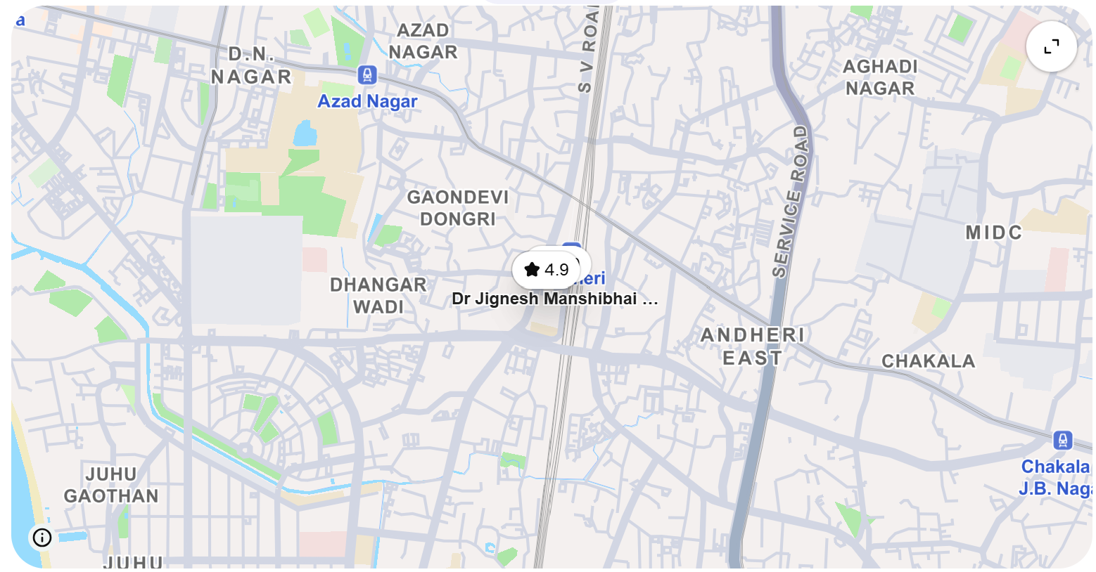 Map showing the location of Dr. Jignesh Manshibhai Gala / Crystal Clear Eye Clinic in Andheri, Mumbai, with a 4.9-star rating marker. The map highlights nearby areas including Andheri East, Azad Nagar, Gaondevi Dongri, Dhangar Wadi, Juhu Gaothan, MIDC, and Chakala, along with major roads and railway lines for location reference.