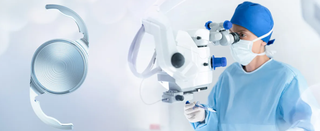 "Surgeon using an ophthalmic microscope during cataract surgery, with an intraocular lens (IOL) illustration showing its design for vision correction."