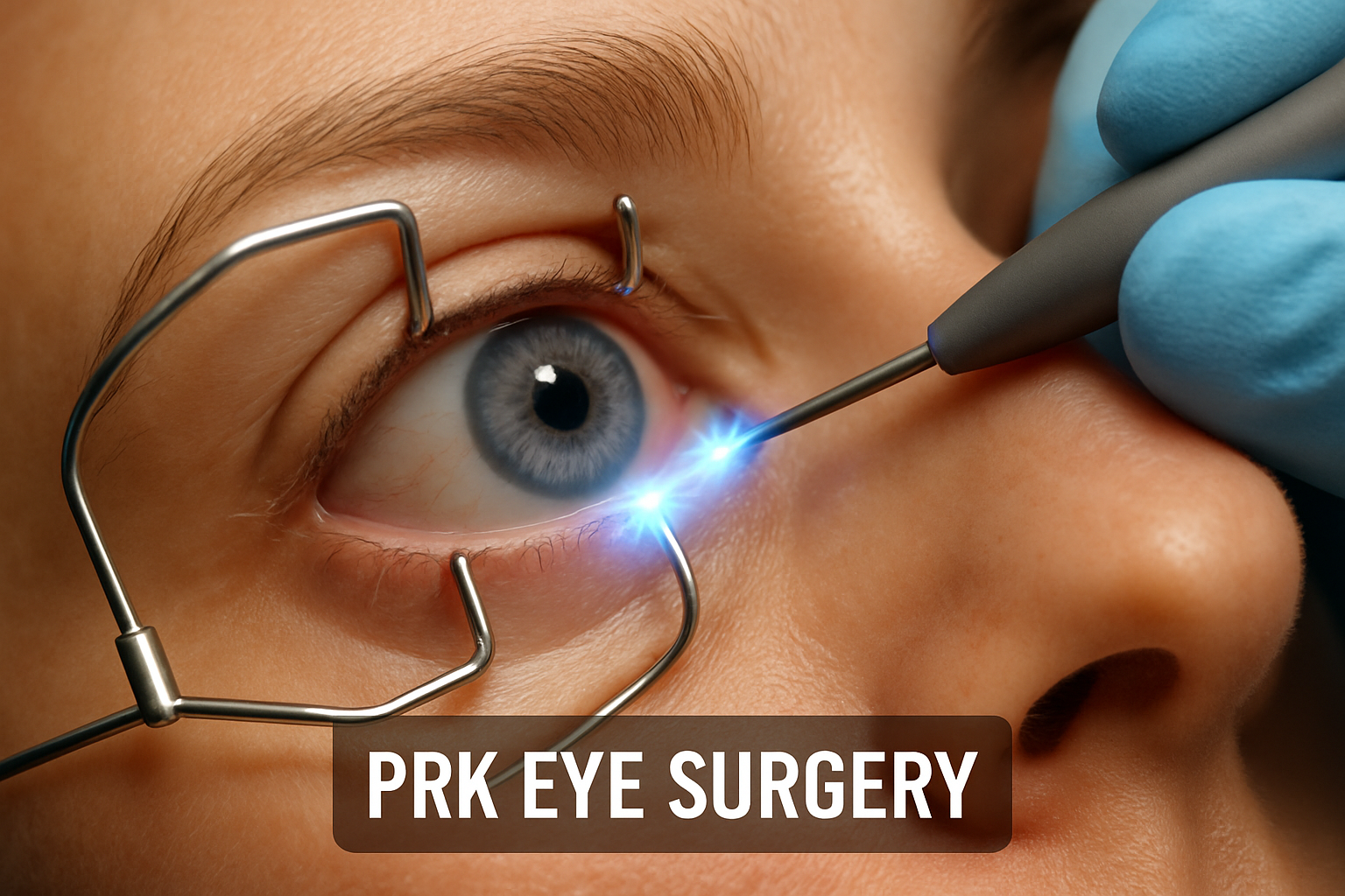 Lady with eye speculum on for PRK eye surgery