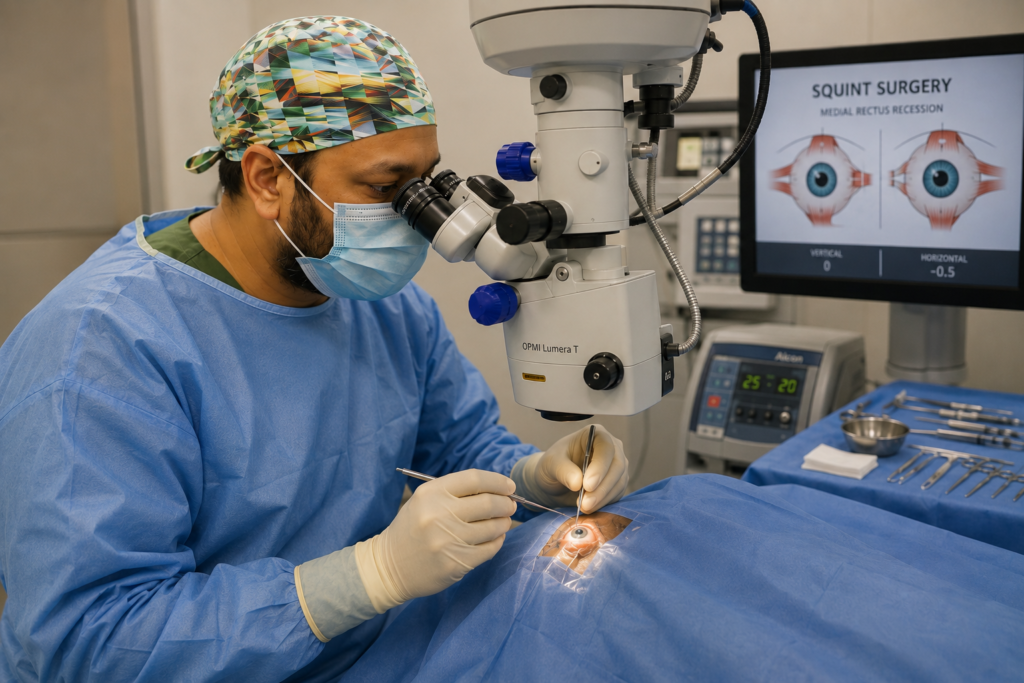 Surgeon in blue gown and mask performing eye surgery under a microscope with a patient draped in blue sterile cloth Monitor shows squint surgery diagram in background