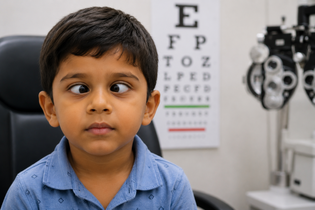 Young boy at an eye exam glancing to the side with an eye chart and ophthalmology equipment in the background