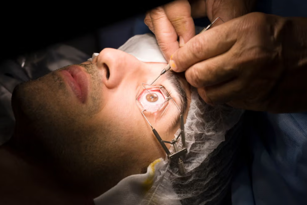 Lasik By DRJignesh Gala Crystal Clear Eye Clinic Best Eye Clinic in Andheri Mumbai Close up of an eye surgery the eye held open with a speculum while the surgeon uses delicate instruments around the eye