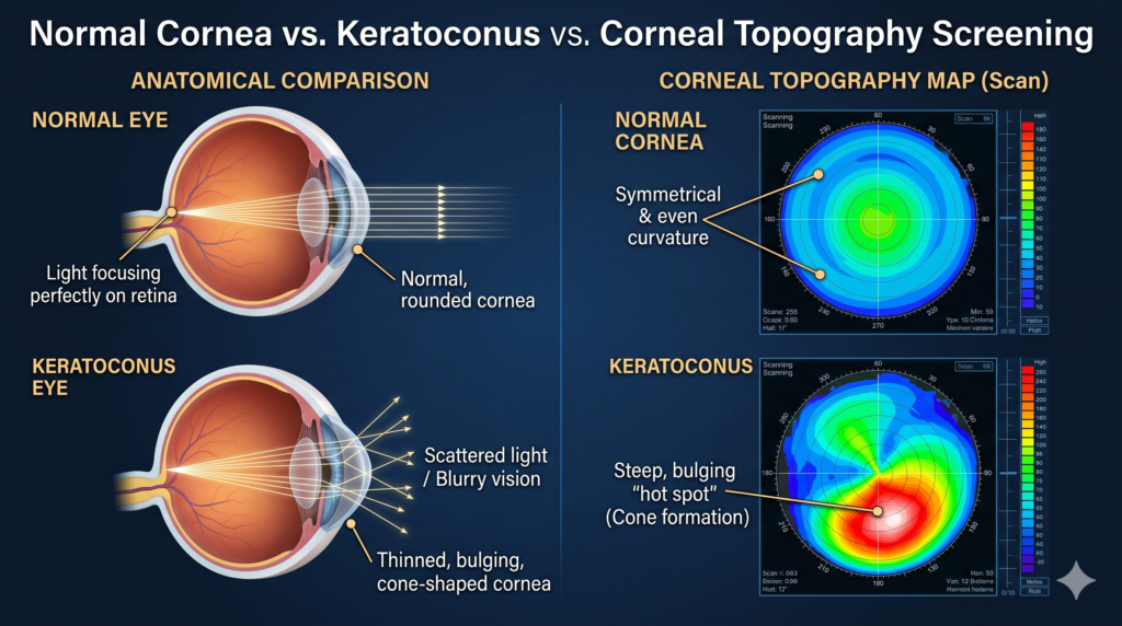 Diagram comparing a normal eye and cornea with a keratoconus eye, paired with corneal topography maps showing symmetrical curvature versus inferior corneal steepening and bulging