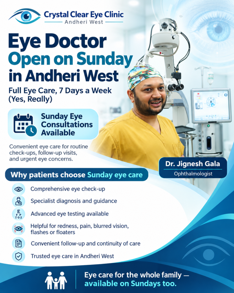 Dr. Jignesh Gala, ophthalmologist at Crystal Clear Eye Clinic in Andheri West, Mumbai, offering Sunday eye consultations, comprehensive eye check-ups, retina care and advanced eye examinations.