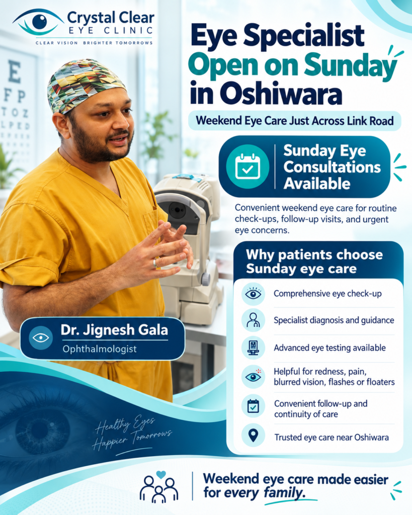 Dr. Jignesh Gala in surgical scrubs beside advanced eye testing equipment, promoting Sunday eye specialist consultations near Oshiwara at Crystal Clear Eye Clinic, Andheri West, Mumbai.
