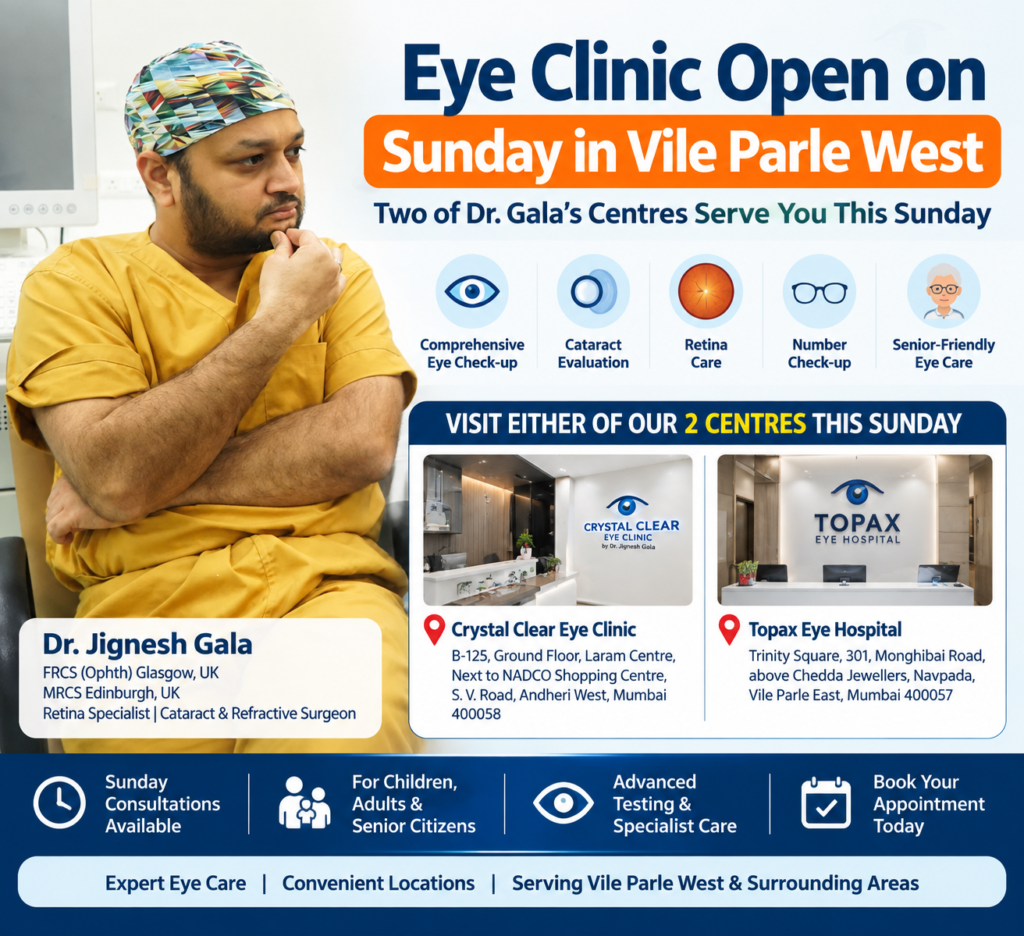 Dr. Jignesh Gala, ophthalmologist and retina specialist, promoting Sunday eye consultations near Vile Parle West at Crystal Clear Eye Clinic, Andheri West, and Topax Eye Hospital, Vile Parle East, Mumbai.