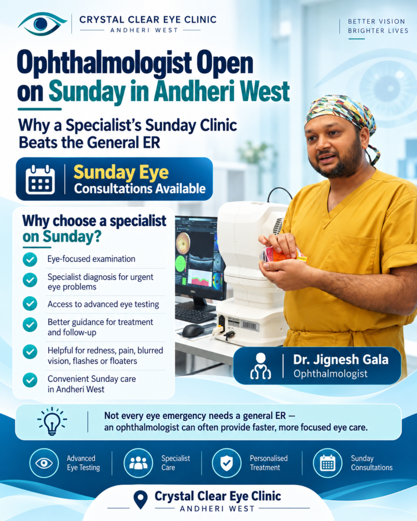 Dr. Jignesh Gala standing beside advanced eye diagnostic equipment at Crystal Clear Eye Clinic, promoting Sunday ophthalmologist consultations in Andheri West and explaining why a specialist’s Sunday clinic is better than a general ER for eye problems.